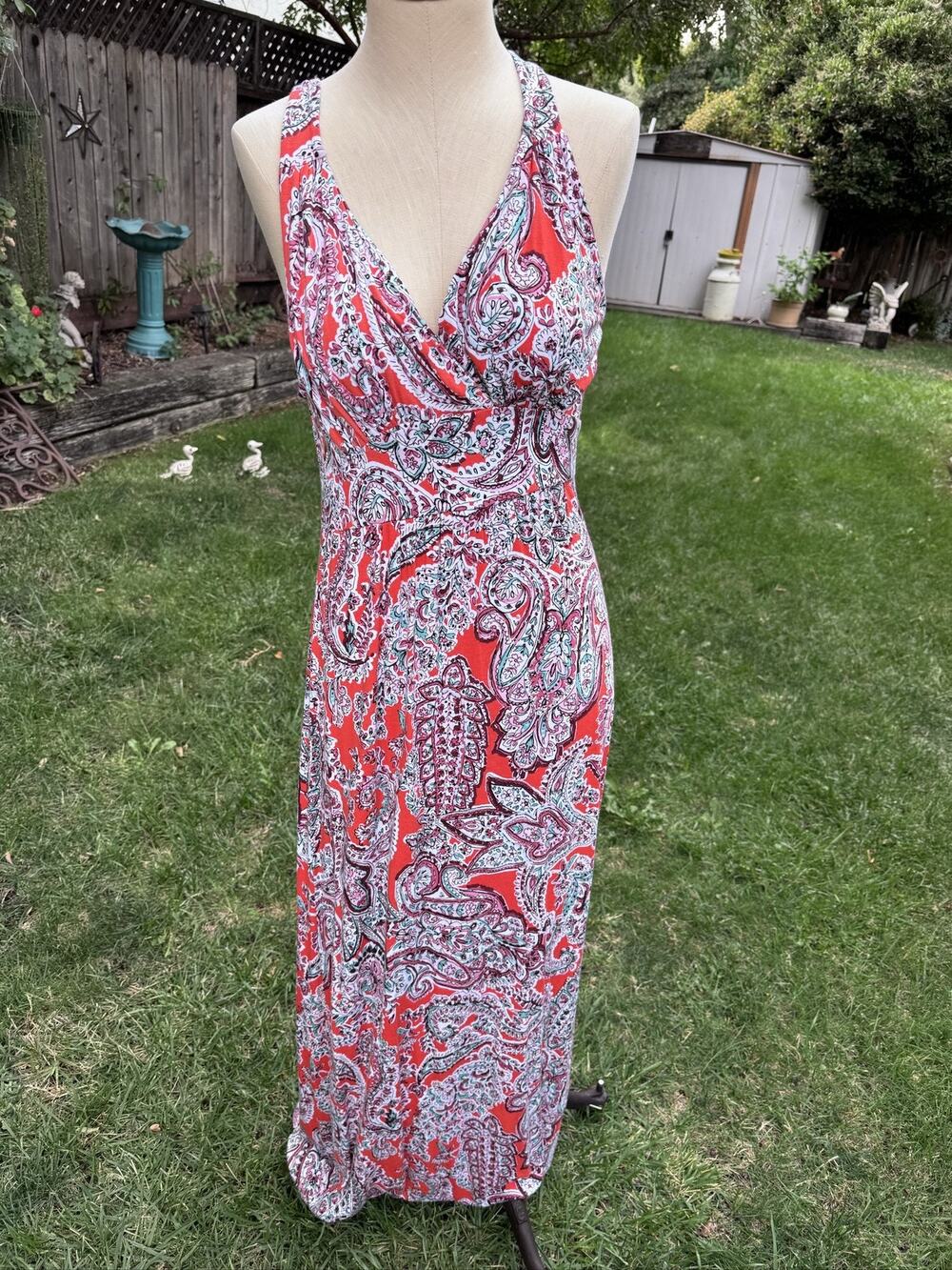 Loveappella Women's M Maxi Dress Sleeveless V-Neck Paisley Jersey Regular Long